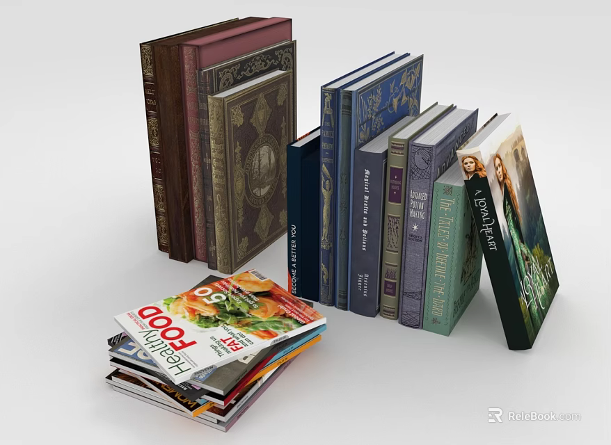 Colorful Vintage Hardcover Books and Stacked Food Magazines on White Surface 3d model 