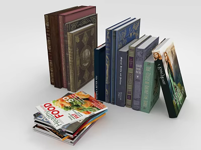 Colorful Vintage Hardcover Books and Stacked Food Magazines on White Surface 3d model