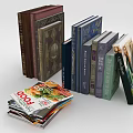 Colorful Vintage Hardcover Books and Stacked Food Magazines on White Surface
