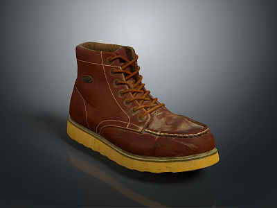 Brown Leather High Top Boots With Yellow Sole And Laces For Daily Use 3d model