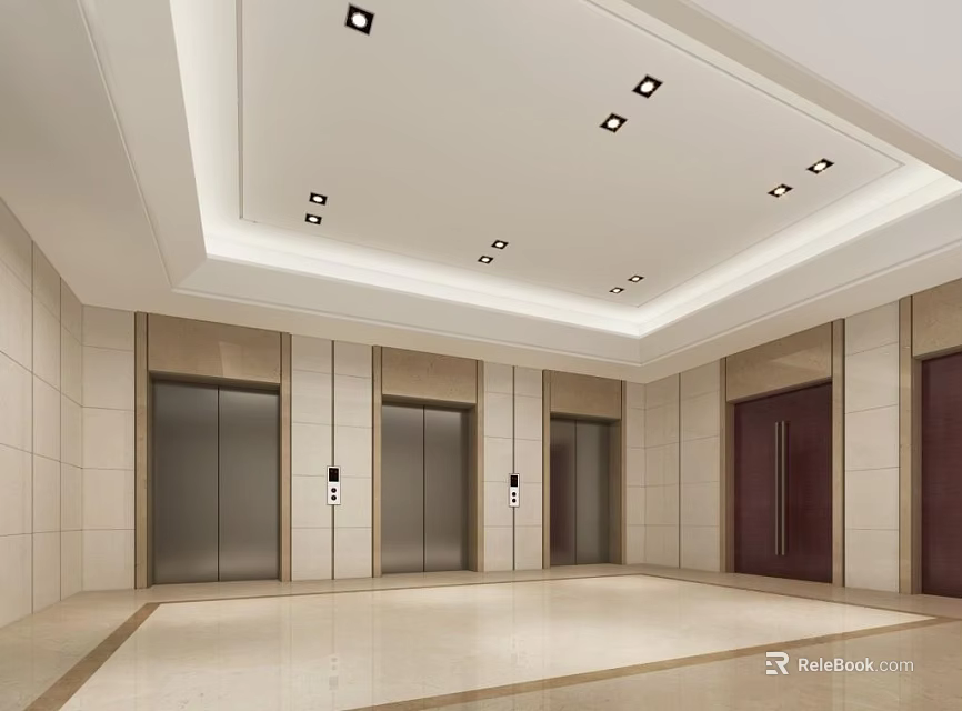 Modern Elevator Hallway Interior With Recessed Ceiling Lights Light Colored Walls And Metallic Doors 3d model