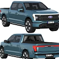 Ford Blue Electric Pickup Truck Front And Rear View With Open Bed