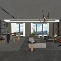 Modern Dining and Living Room Interior With Open Layout Sofa Dining Table and Pendant Light 3d model