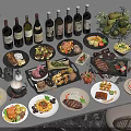 Assorted Delicious Food Dishes on Dining Table With Wine Bottles and Fresh Fruits