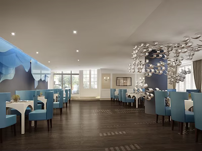 Blue Restaurant Interior Design With White Tables Blue Chairs And Silver Ceiling Decorations 3d model