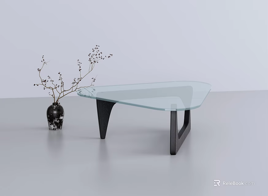 Modern Glass Top Coffee Table with Black Metal Legs and Decorative Vase with Twigs 3d model 