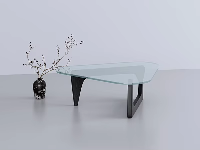 Modern Glass Top Coffee Table with Black Metal Legs and Decorative Vase with Twigs 3d model
