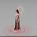 Red Haired Character In Red Robe With Circular Red Patterns And Sun Background Art Design