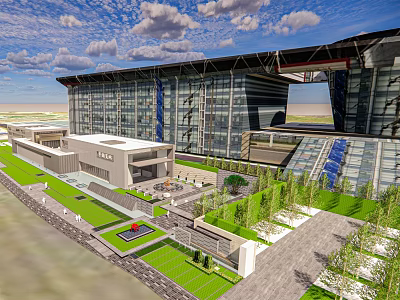 Modern Sales Office Building With Glass Curtain Walls And Landscaped Courtyard Gardens 3d model