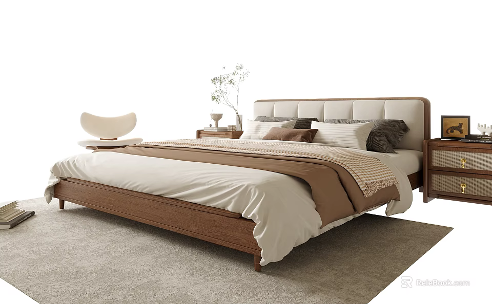 Modern Double Bed with Wooden Frame Upholstered Headboard and Bedding on Nightstands with Accent Chair 3d model 