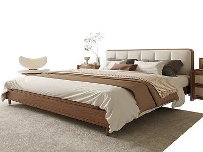 Modern Double Bed with Wooden Frame Upholstered Headboard and Bedding on Nightstands with Accent Chair 3d model