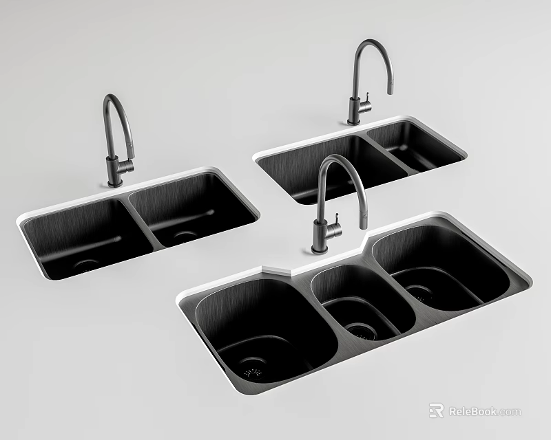 Modern Black Stainless Steel Kitchen Sinks With Faucets And Double Bowls Design 3d model 