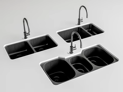 Modern Black Stainless Steel Kitchen Sinks With Faucets And Double Bowls Design 3d model