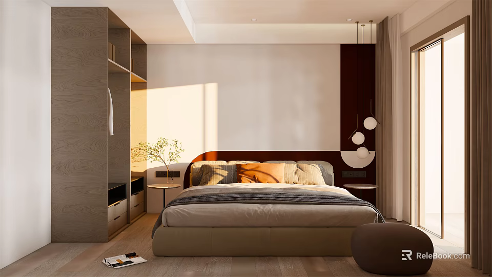 Modern Bedroom Interior Design With Cozy Headboard Colorful Pillows Nightstand Lamp And Natural Light 3d model 