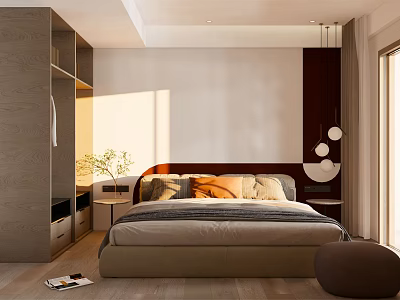 Modern Bedroom Interior Design With Cozy Headboard Colorful Pillows Nightstand Lamp And Natural Light 3d model
