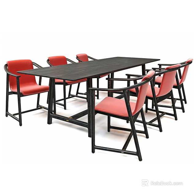 Modern Dining Table Set With Black Rectangular Table And Six Red Upholstered Armchairs 3d model