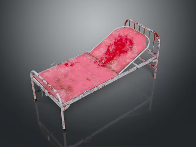 Old Medical Equipment Hospital Bed With Metal Frame And Red Stained Mattress 3d model