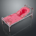 Old Medical Equipment Hospital Bed With Metal Frame And Red Stained Mattress