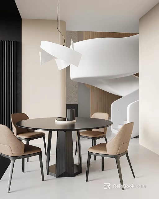 Modern Restaurant Interior With Round Dining Table Beige Chairs Pendant Light And White Spiral Staircase 3d model 