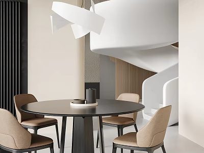 Modern Restaurant Interior With Round Dining Table Beige Chairs Pendant Light And White Spiral Staircase 3d model