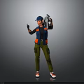 Man Wearing Blue Cap Black Vest With Red Stripe Green Pants Red Shoes Holding Device