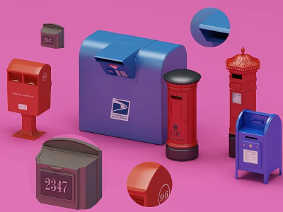 Public Facilities Various Colored Mailboxes With Vintage Modern Styles And Numbered Units 3d model