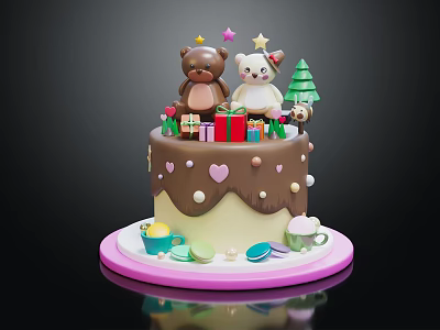 Chocolate Cake with Bear Rabbit Dolls Christmas Tree Gift Boxes Hearts Pearls on Pink Tray 3d model