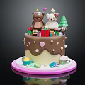 Chocolate Cake with Bear Rabbit Dolls Christmas Tree Gift Boxes Hearts Pearls on Pink Tray