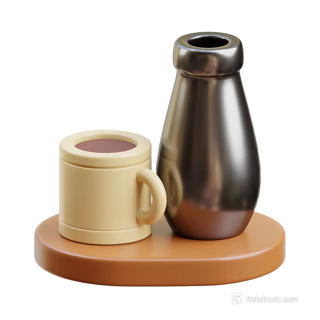 Kitchen Utensils With Beige Mug And Silver Metal Bottle On Brown Round Tray 3d model 