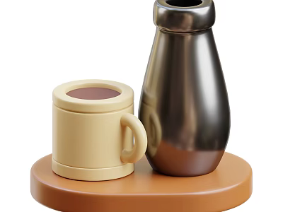 Kitchen Utensils With Beige Mug And Silver Metal Bottle On Brown Round Tray 3d model