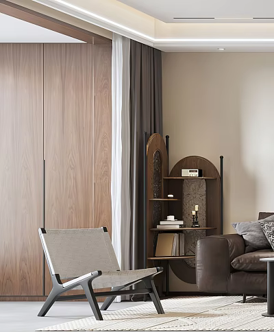 Modern Fabric Accent Chair In Living Room With Wooden Bookshelf And Sofa 3d model