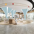 Spacious Modern Shopping Mall Lobby Featuring Circular Design Brand Stores And Blue Decorative Elements 3d model