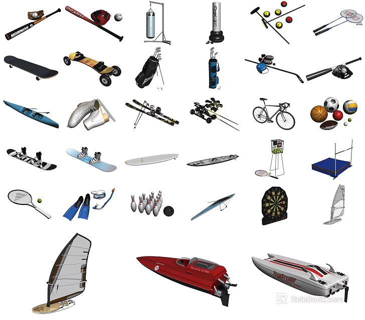 Different Types of Sports Equipment Including Skateboards Skis Bicycles and Tennis Rackets 3d model 