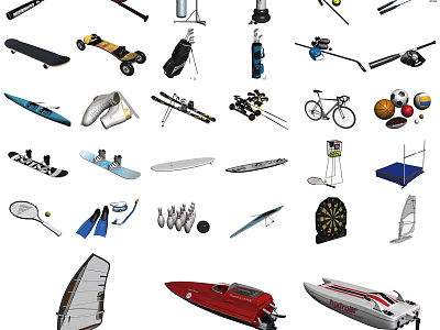 Different Types of Sports Equipment Including Skateboards Skis Bicycles and Tennis Rackets 3d model