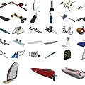 Different Types of Sports Equipment Including Skateboards Skis Bicycles and Tennis Rackets