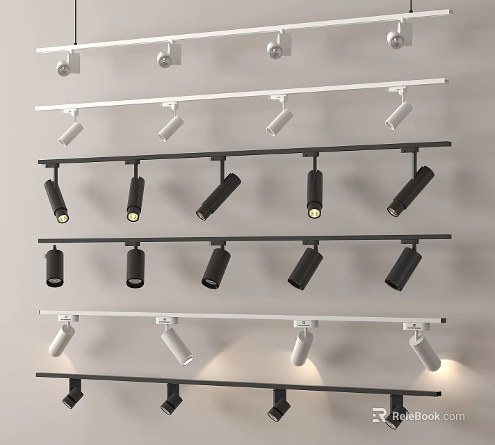 Track Spotlights and Downlights Installed on White and Black Tracks with Adjustable Angles 3d model 