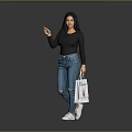Stylish Woman In Black Long Sleeve Top And Blue Ripped Jeans Holding White Shopping Bag
