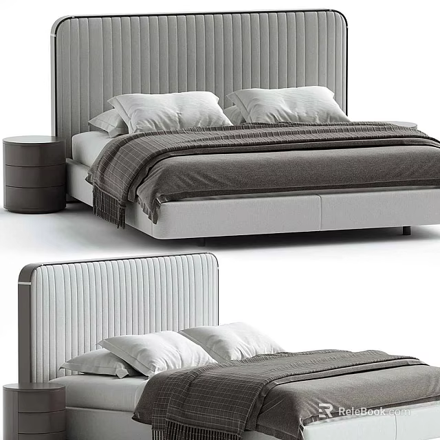 Modern Double Bed with Ribbed Headboard Bedspread Pillows and Nightstand 3d model