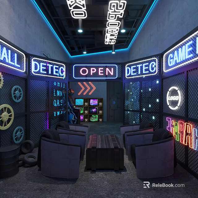 Industrial Style Game Room With Neon Signs Sofa Table Gear And Tire Decor 3d model 