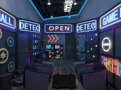 Industrial Style Game Room With Neon Signs Sofa Table Gear And Tire Decor 3d model