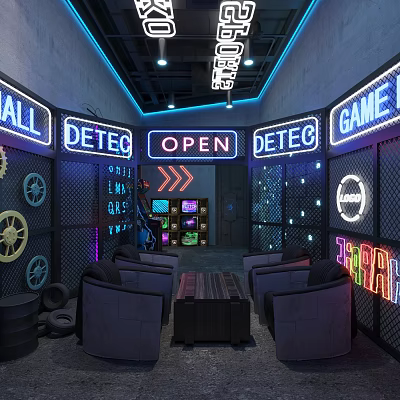 Industrial Style Game Room With Neon Signs Sofa Table Gear And Tire Decor 3d model