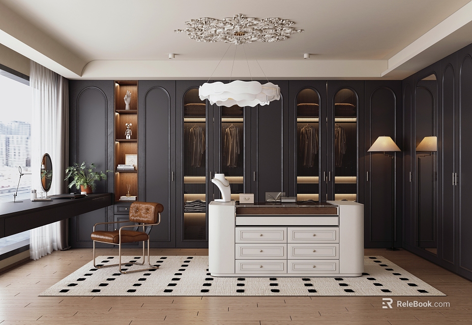 Luxurious Walk In Closet With Dark Cabinetry Chandelier And Dressing Table 3d model 