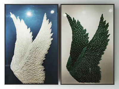 Two Feather Wing Decorative Wall Art Pieces White and Green Framed Design 3d model