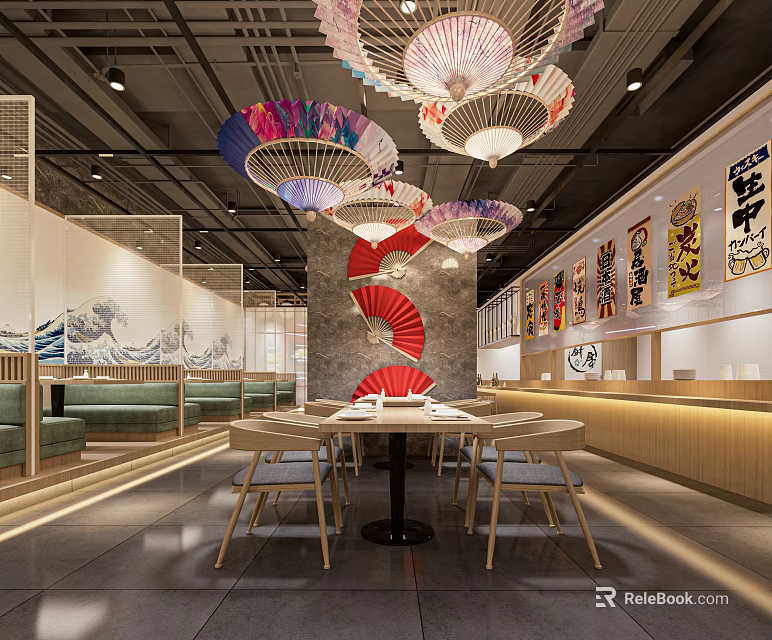 Modern Restaurant Interior With Colorful Fan Chandeliers Wooden Tables And Wall Art Decorations 3d model 