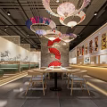 Modern Restaurant Interior With Colorful Fan Chandeliers Wooden Tables And Wall Art Decorations