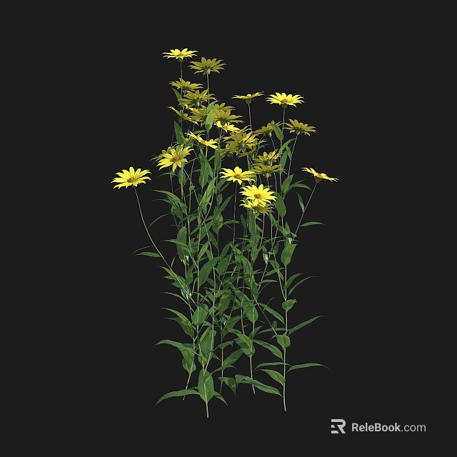 Vibrant Yellow Flowers with Green Stems and Lush Leaves in Garden 3d model 