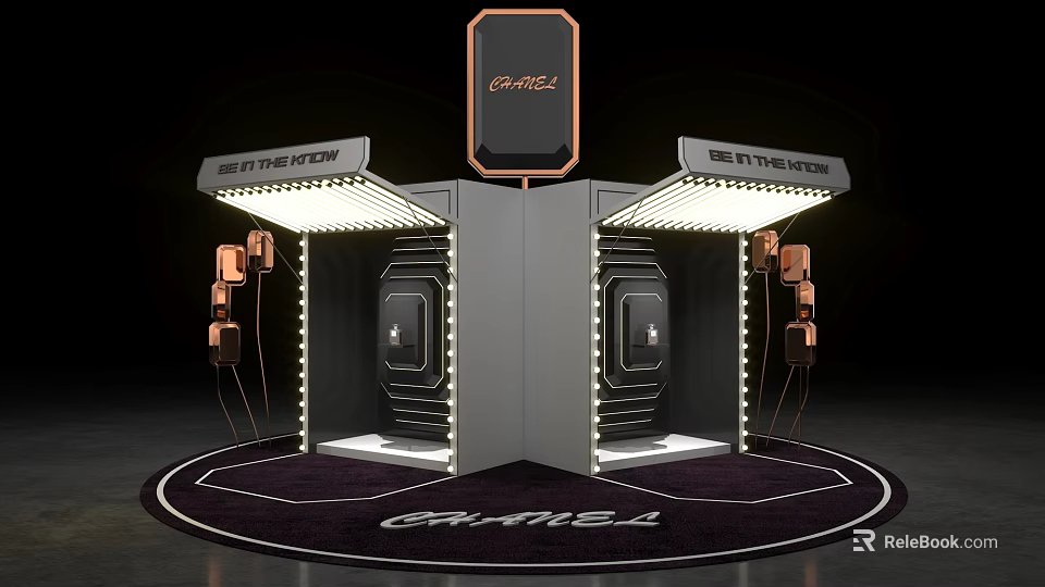 CHIMEI Modern Display Booth With Illuminated Lights Black Finish And Copper Accents 3d model 