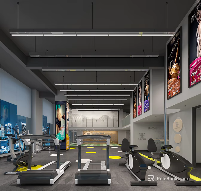 Spacious Modern Fitness Gym Interior With Workout Equipment And Wall Posters 3d model 