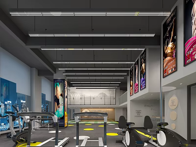 Spacious Modern Fitness Gym Interior With Workout Equipment And Wall Posters 3d model