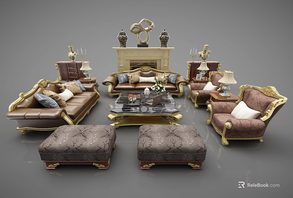 Luxurious Classic Sofa and Coffee Table Set with Leather Gold Accents Ottomans and Throw Pillows 3d model 